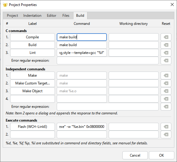 Geany Project Properties Build tab with make build and the flash command filled in
